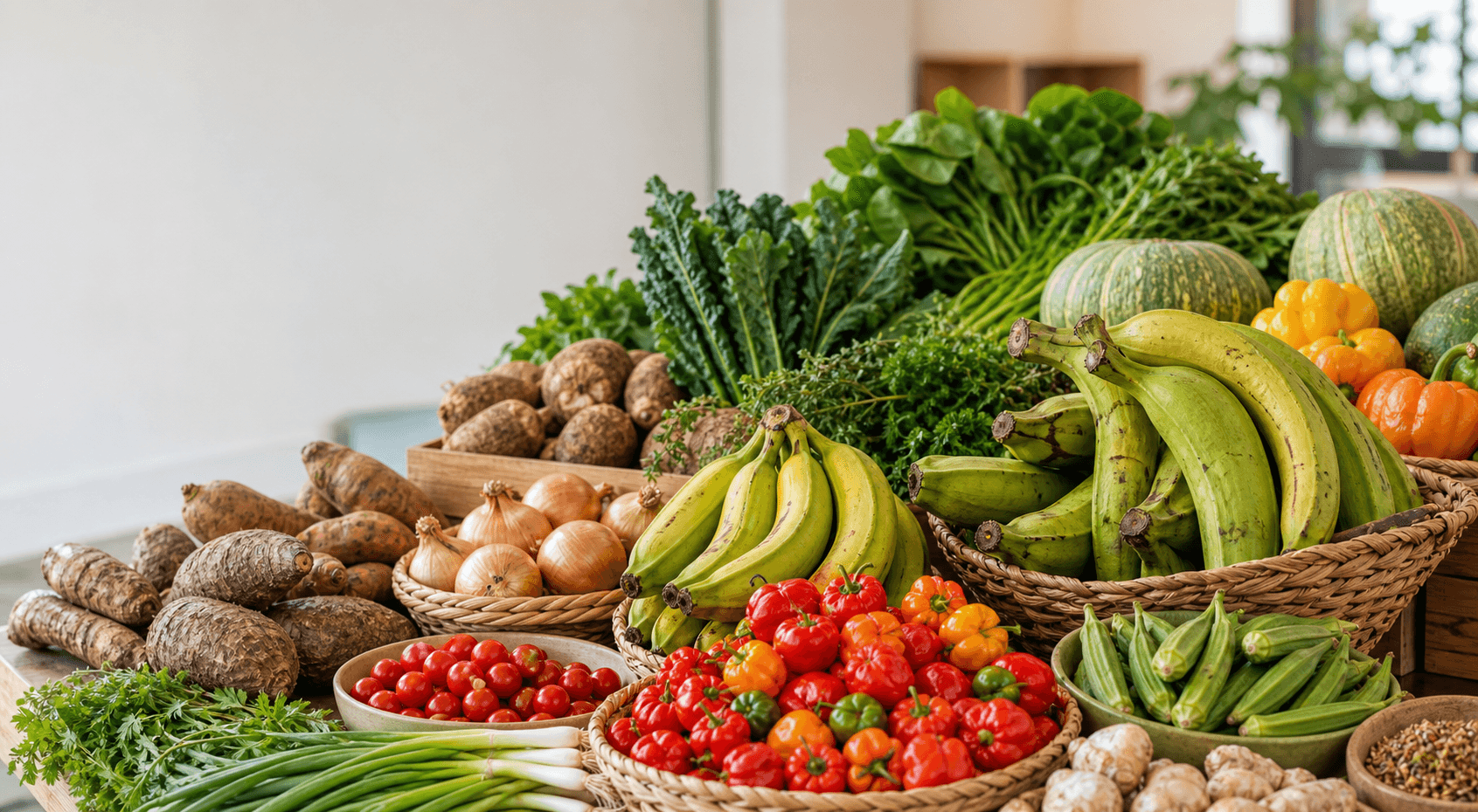 Fresh plantain, yams, okra, peppers, and greens in a market display